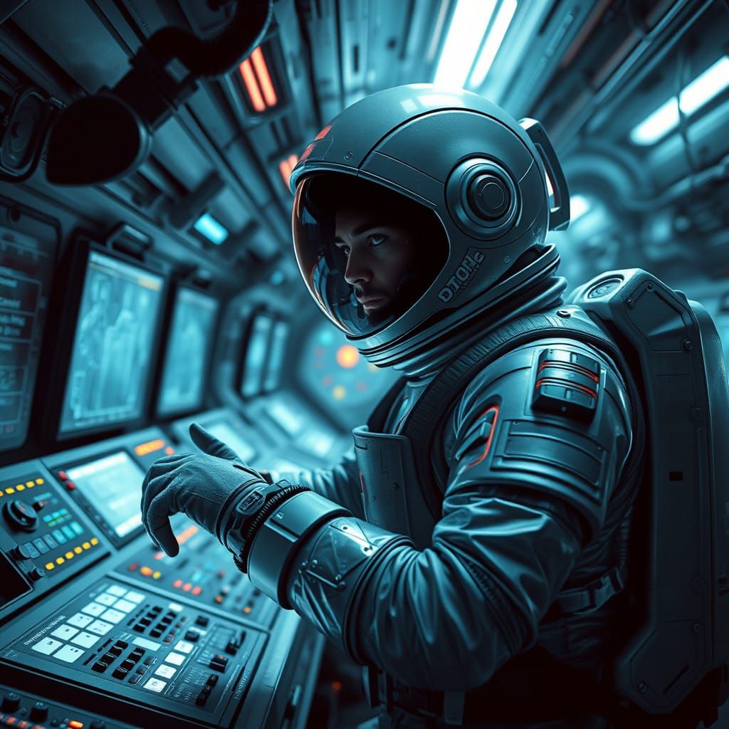Sleek Astronaut Controls Futuristic Console in Darkened Cont...