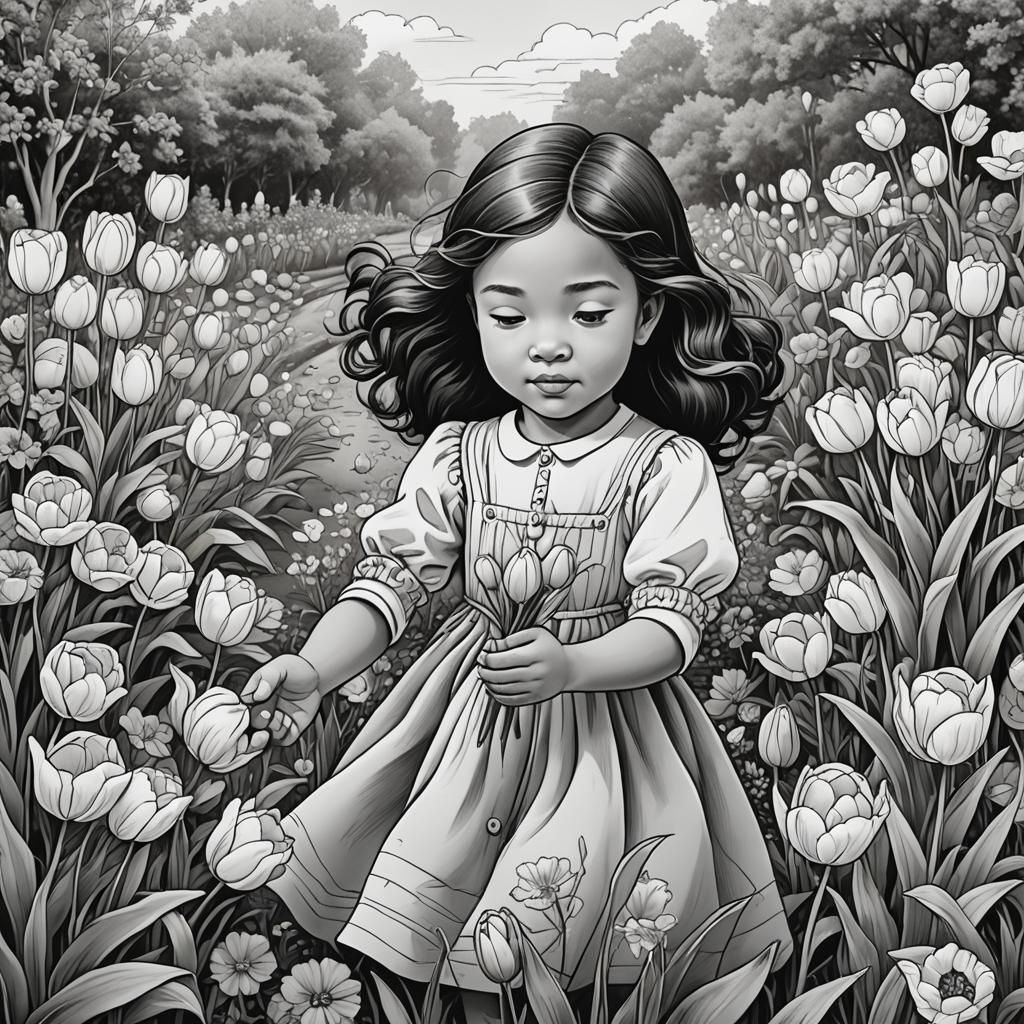 Girl Spinning in Flower Garden: Coloring Book Style