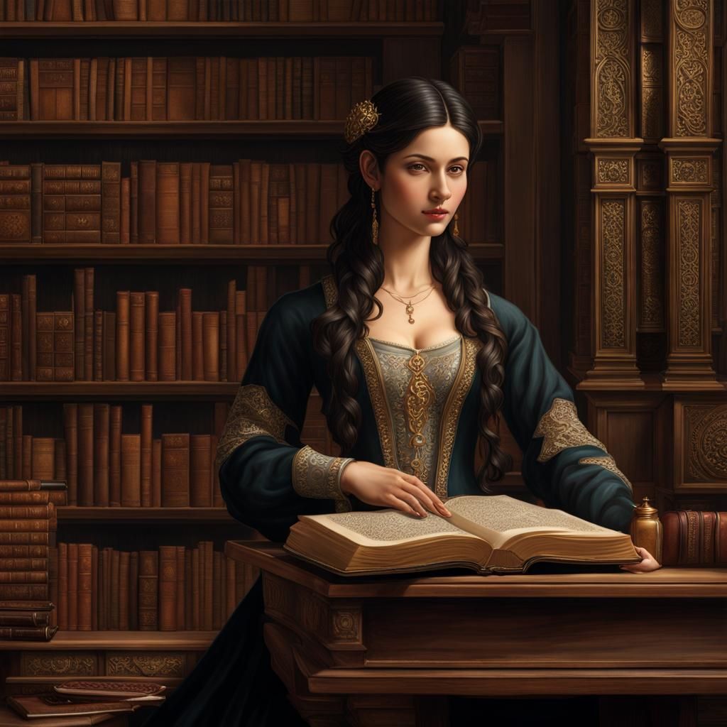 Renaissance Portrait of a Girl in Library