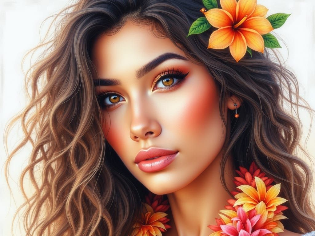 Hawaiian Woman Portrait Pencil Watercolor Drawing