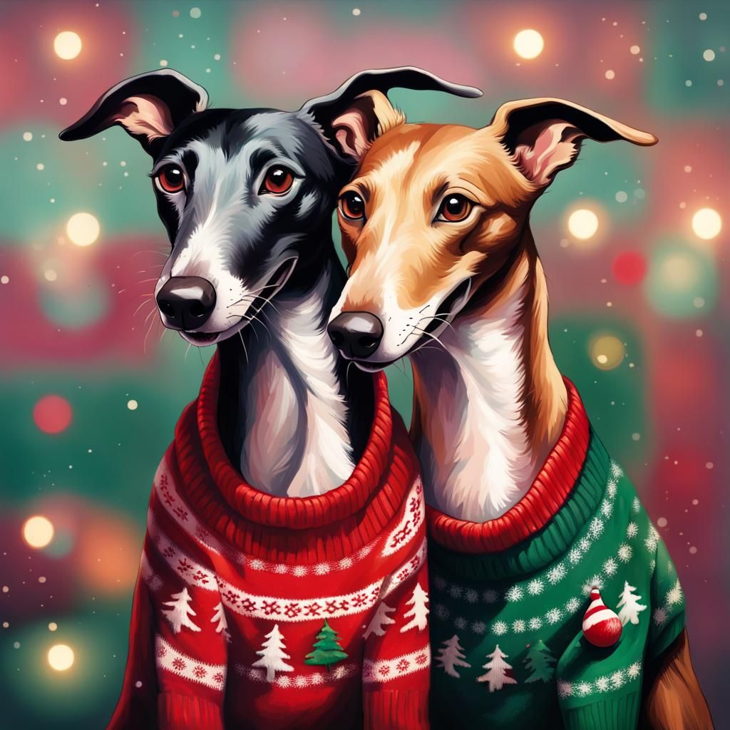 Festive Greyhounds Celebrate Christmas in Hyperrealistic Sty...