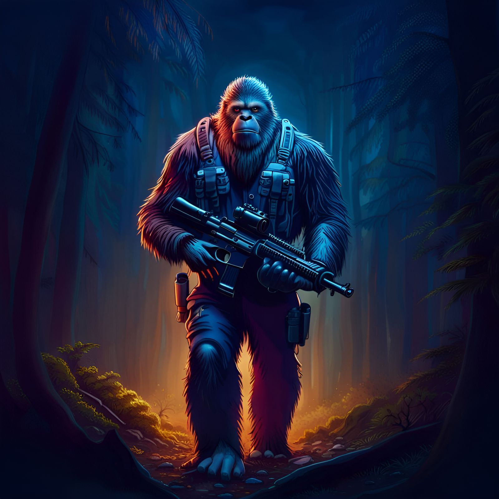 Bigfoot Warrior in Forest at Night