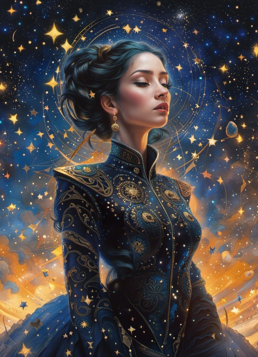 Libra Woman in Starry Night Sky: Digital Art