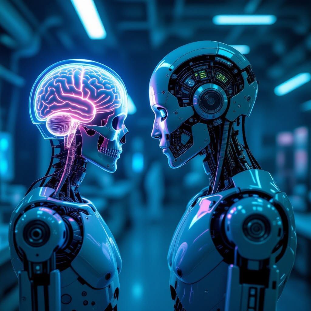 Android Contemplates Human Brain in Cyberpunk Lab