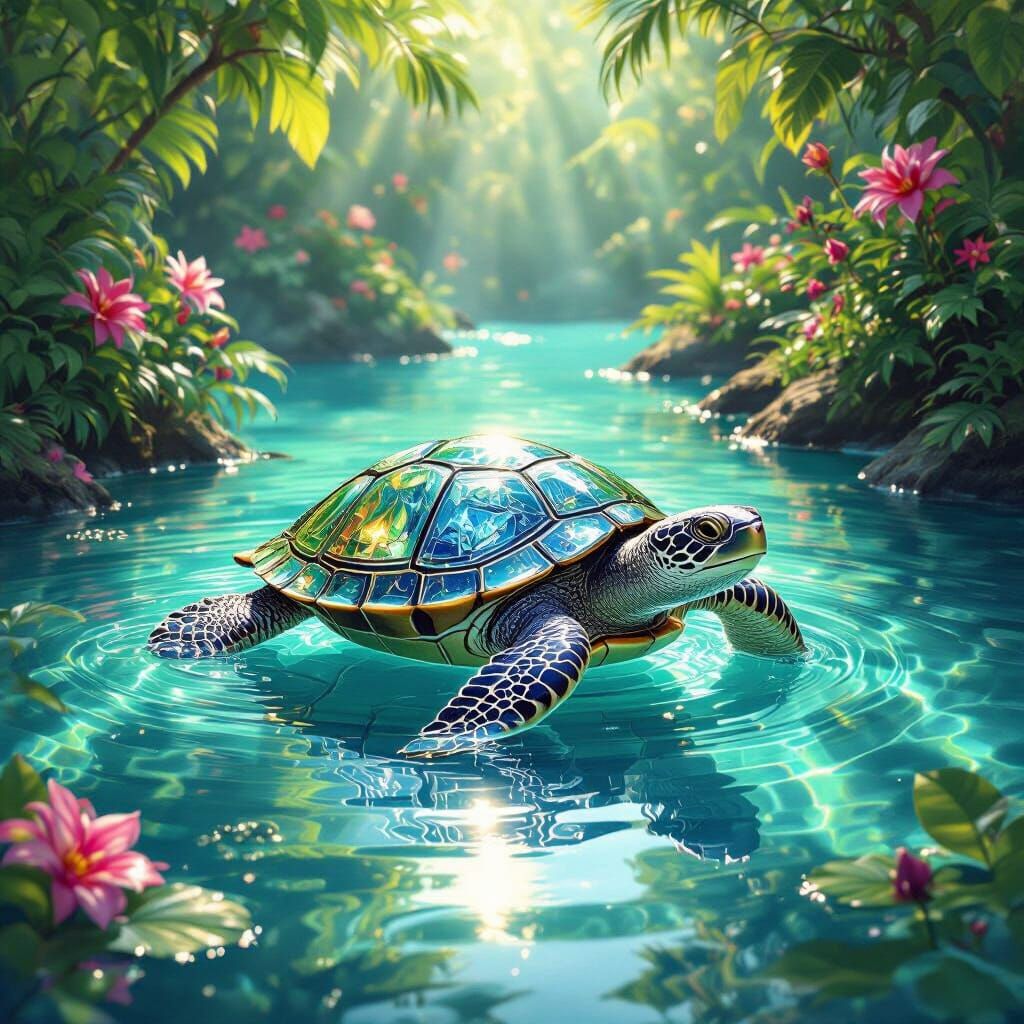 Crystal Turtle in Turquoise Lake: Hyperrealistic Digital Art