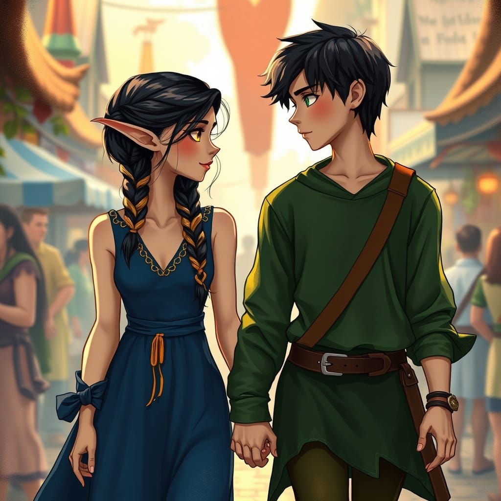 Ethereal Elf Couple Strolls Hand in Hand at Vibrant Town Fai...