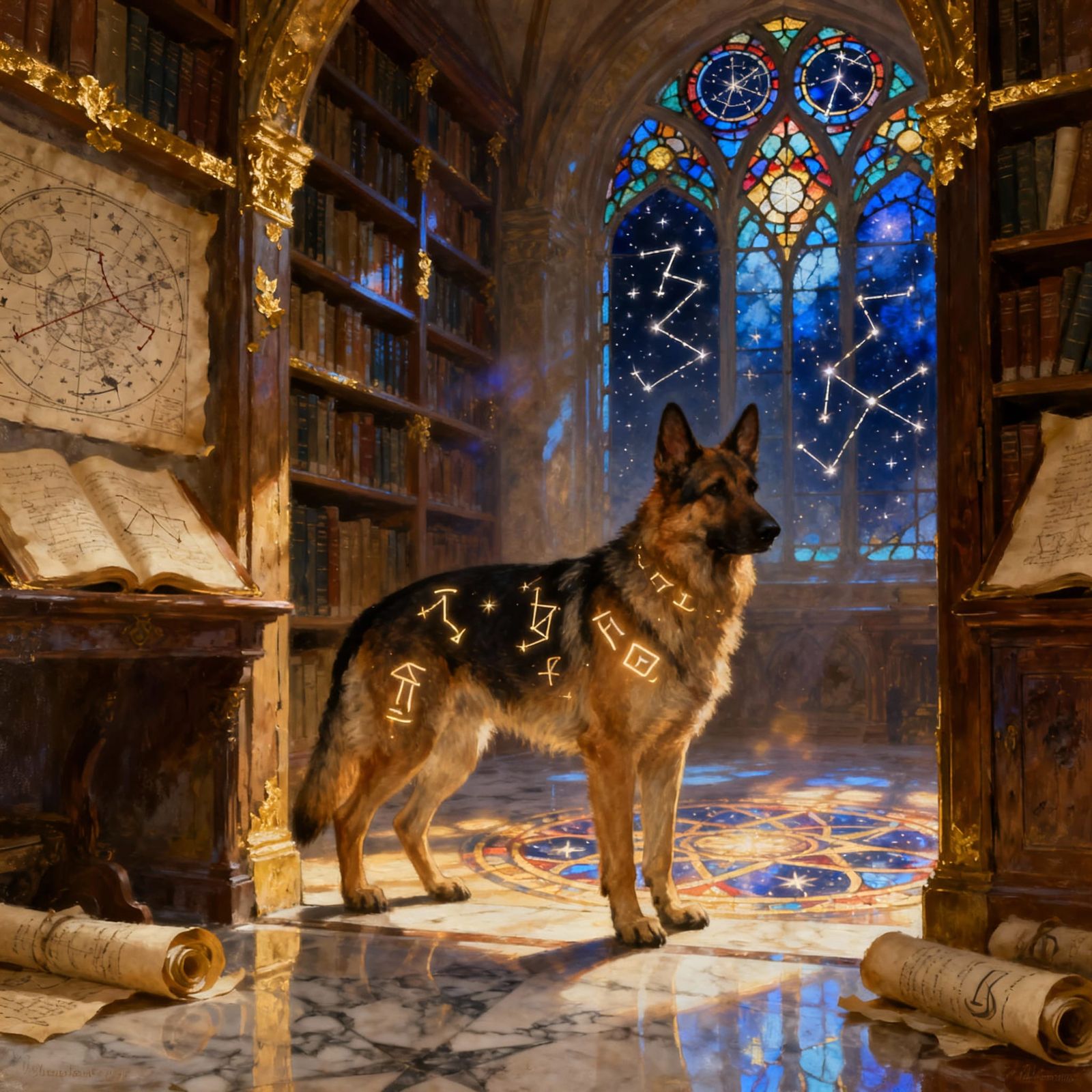 Regal German Shepherd Guards Ancient Library with Celestial ...