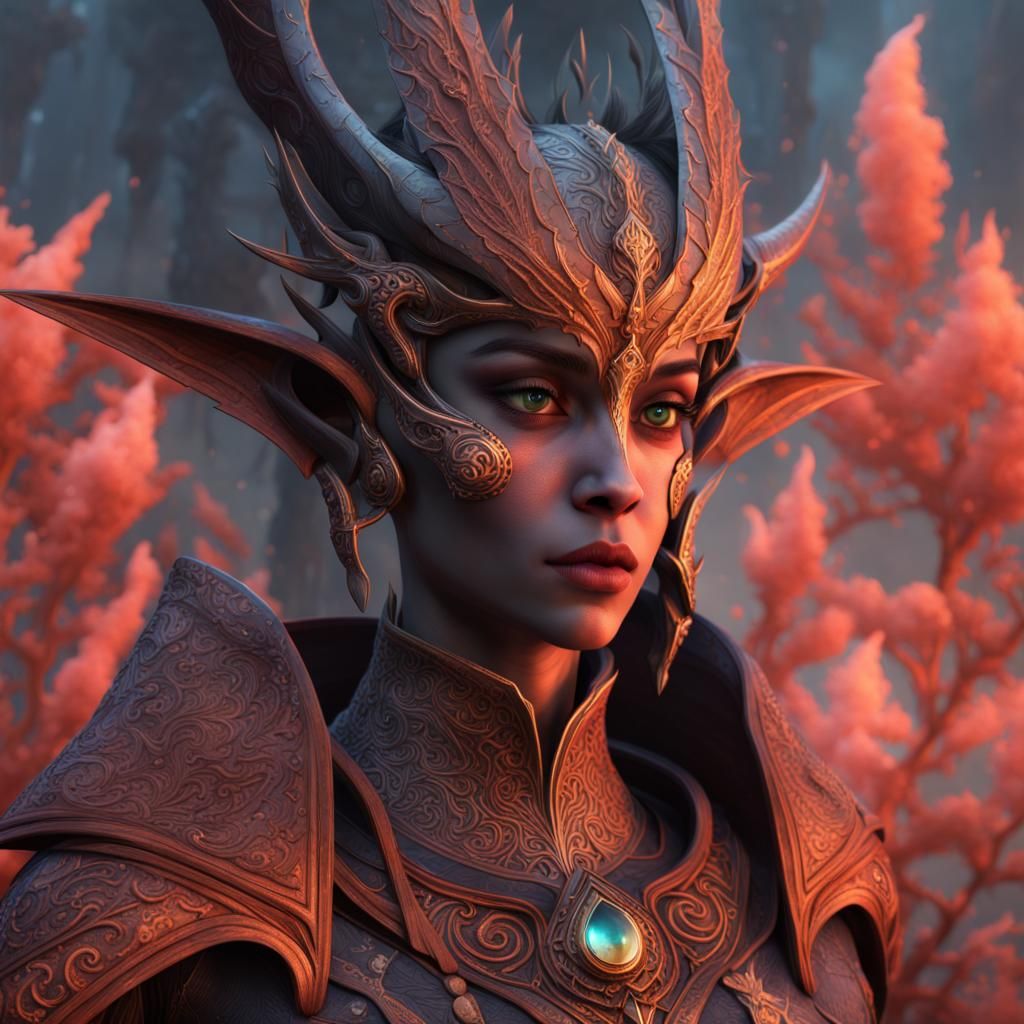 Arcane High Elf in Coral Armor, Detailed Digital Art
