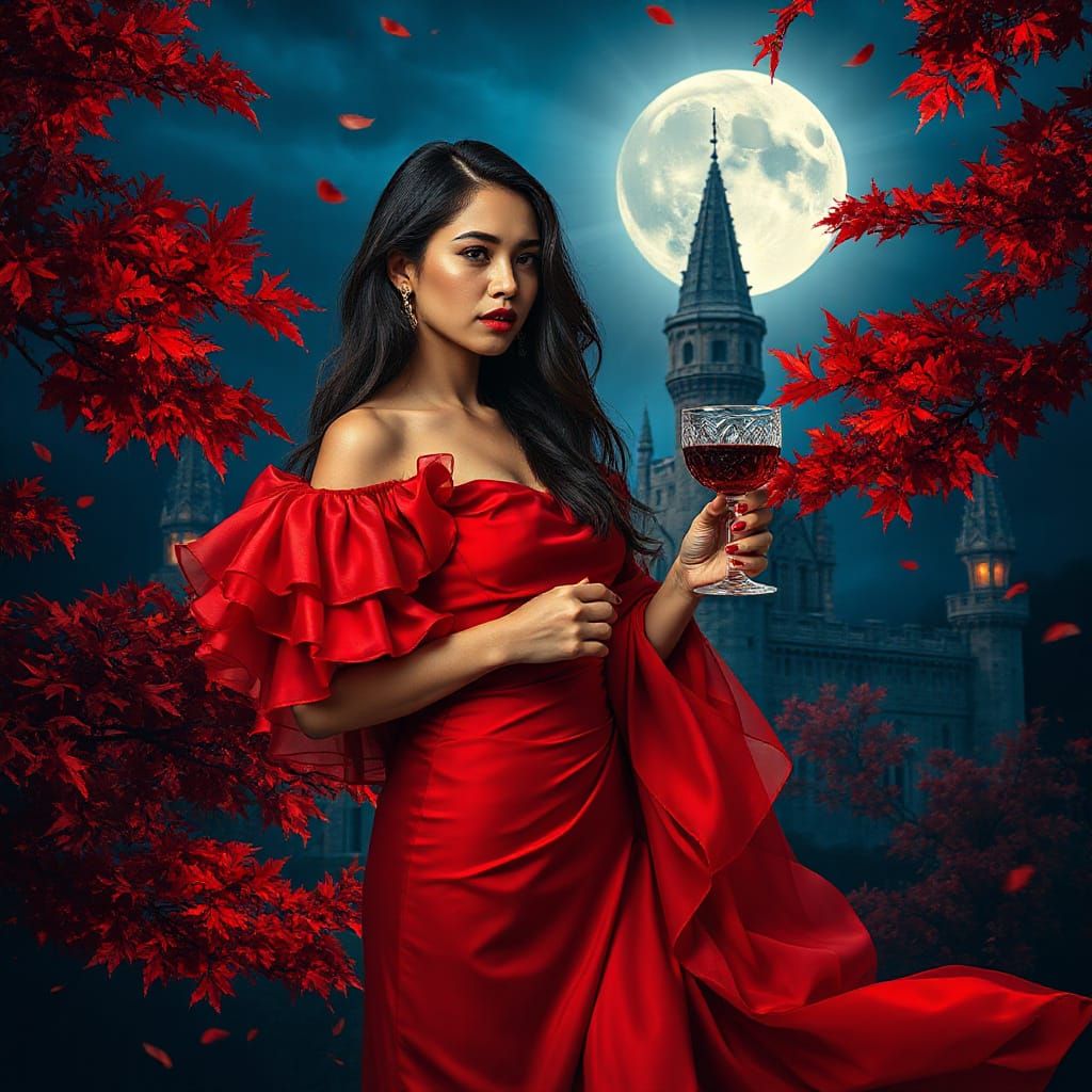 Latina Woman in Crimson Silk Gown with Crystal Goblet