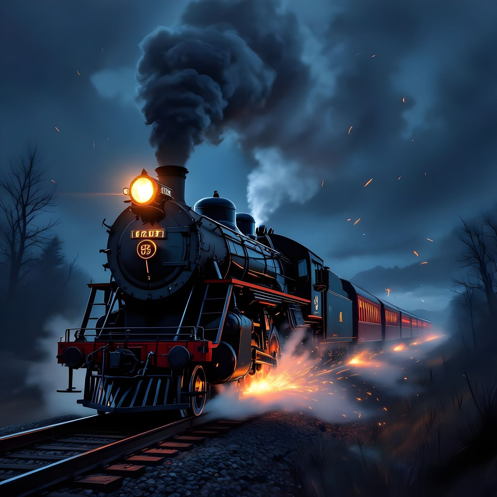 Steam Locomotive Speeds Through Night Landscape