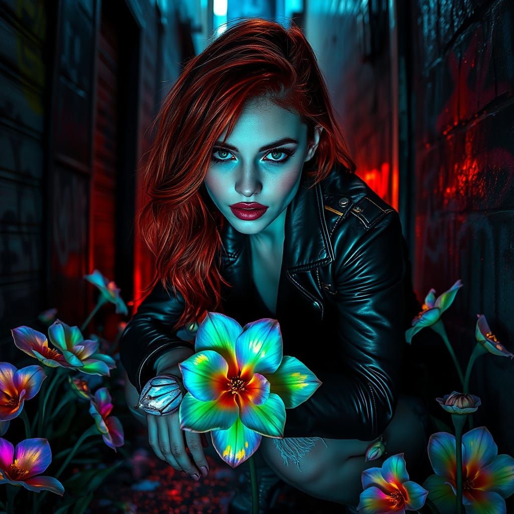 Mysterious Woman in a Vibrant Grungy Alleyway