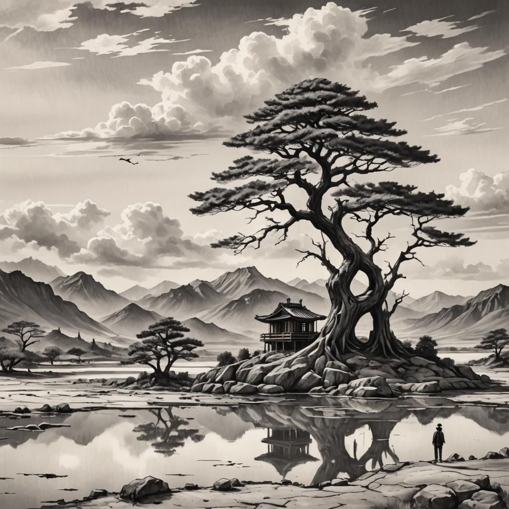 Monochrome Sketch of a Giant Bonsai Tree