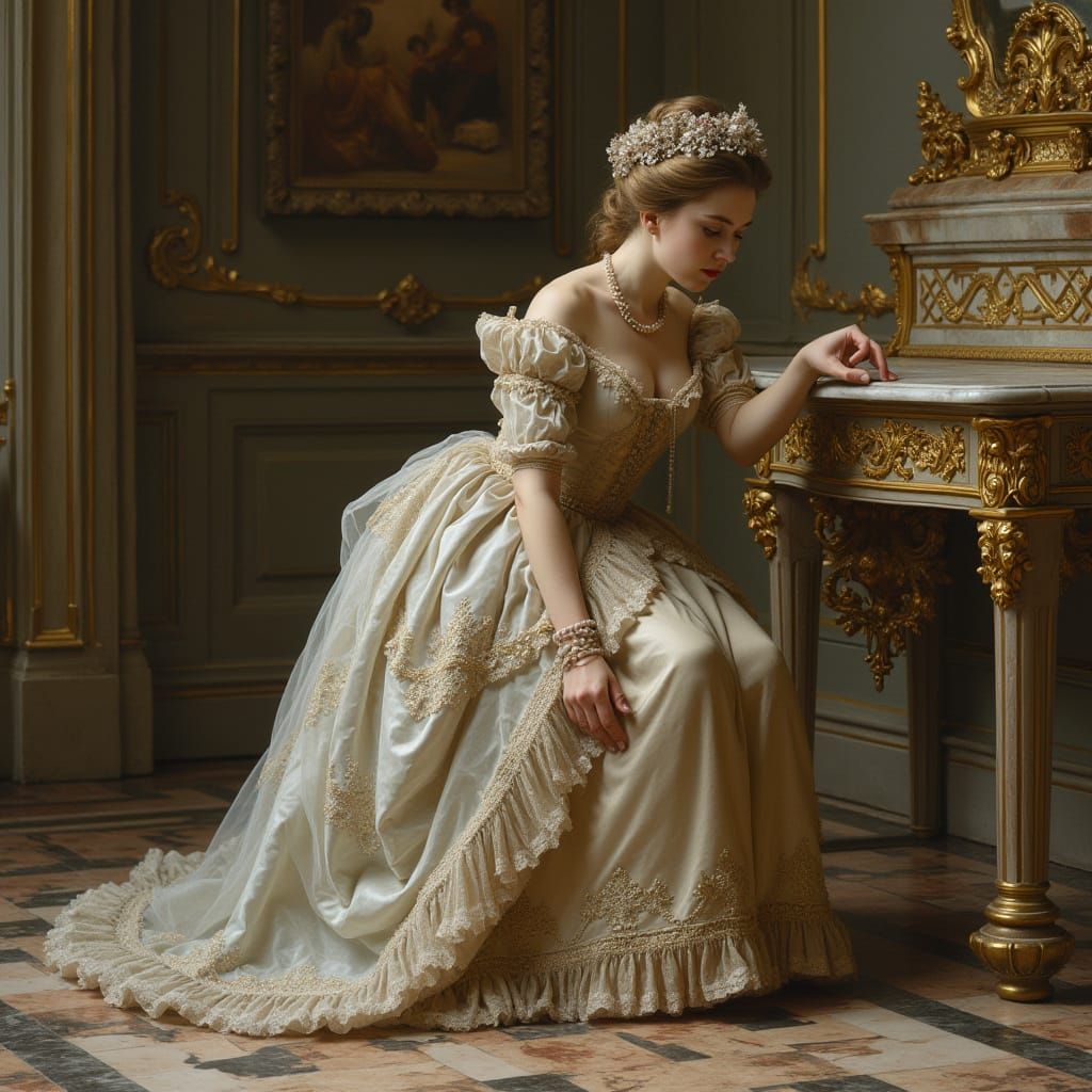 Rokoko-Dame peeing on the floor in palace