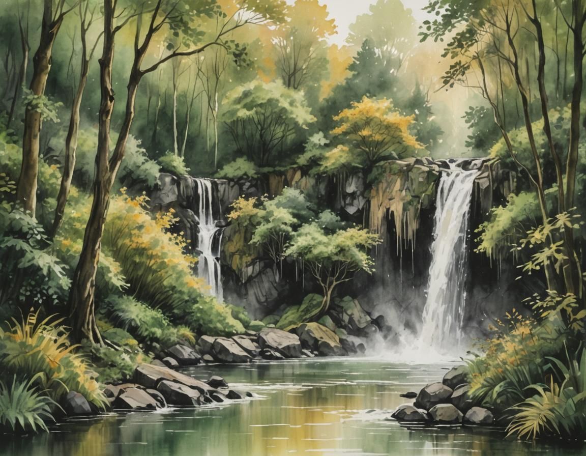 Impressionistic Waterfall in Lush Forest, Monet Style