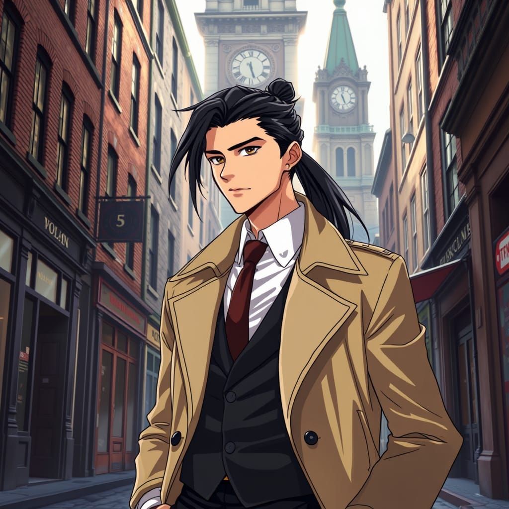 Confident Young Man in Anime-Inspired Street Scene with Cloc...