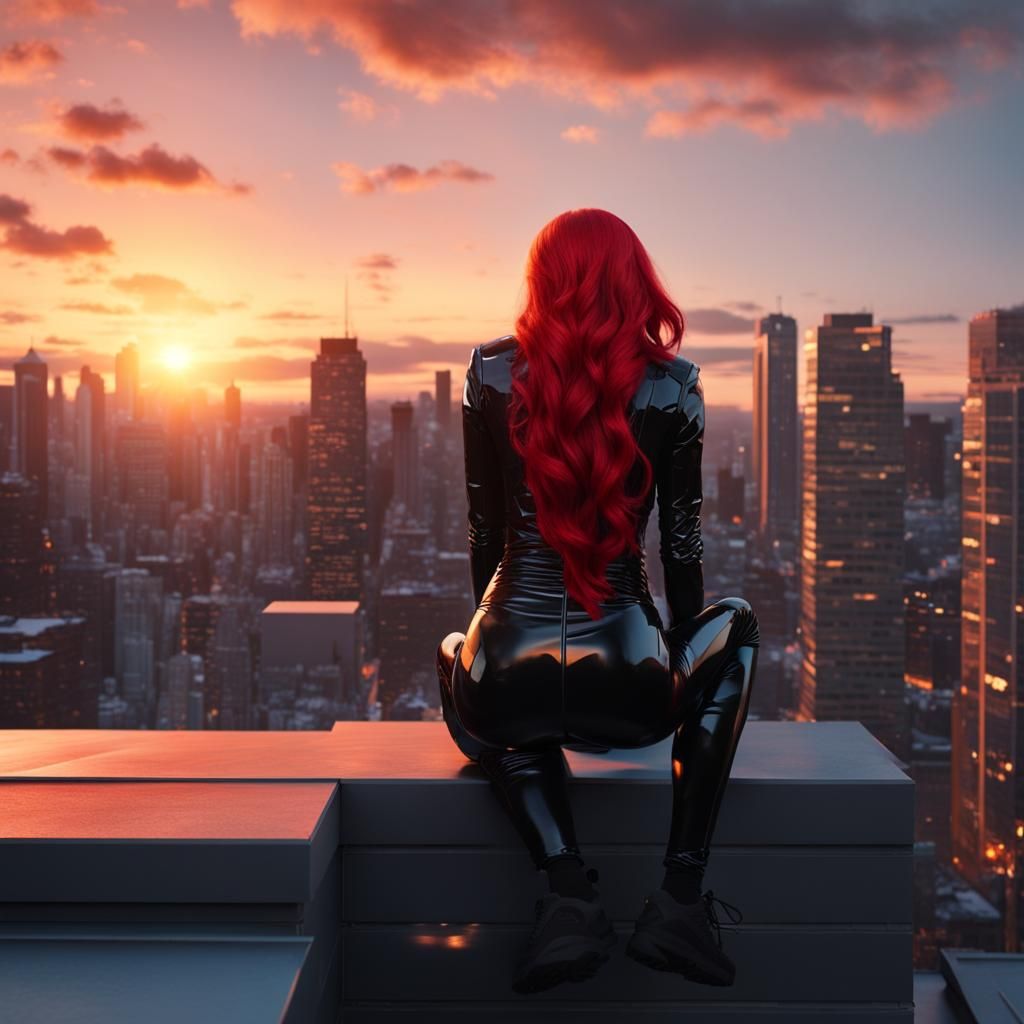 Girl in Catsuit Observes Winter Sunset, Photorealistic