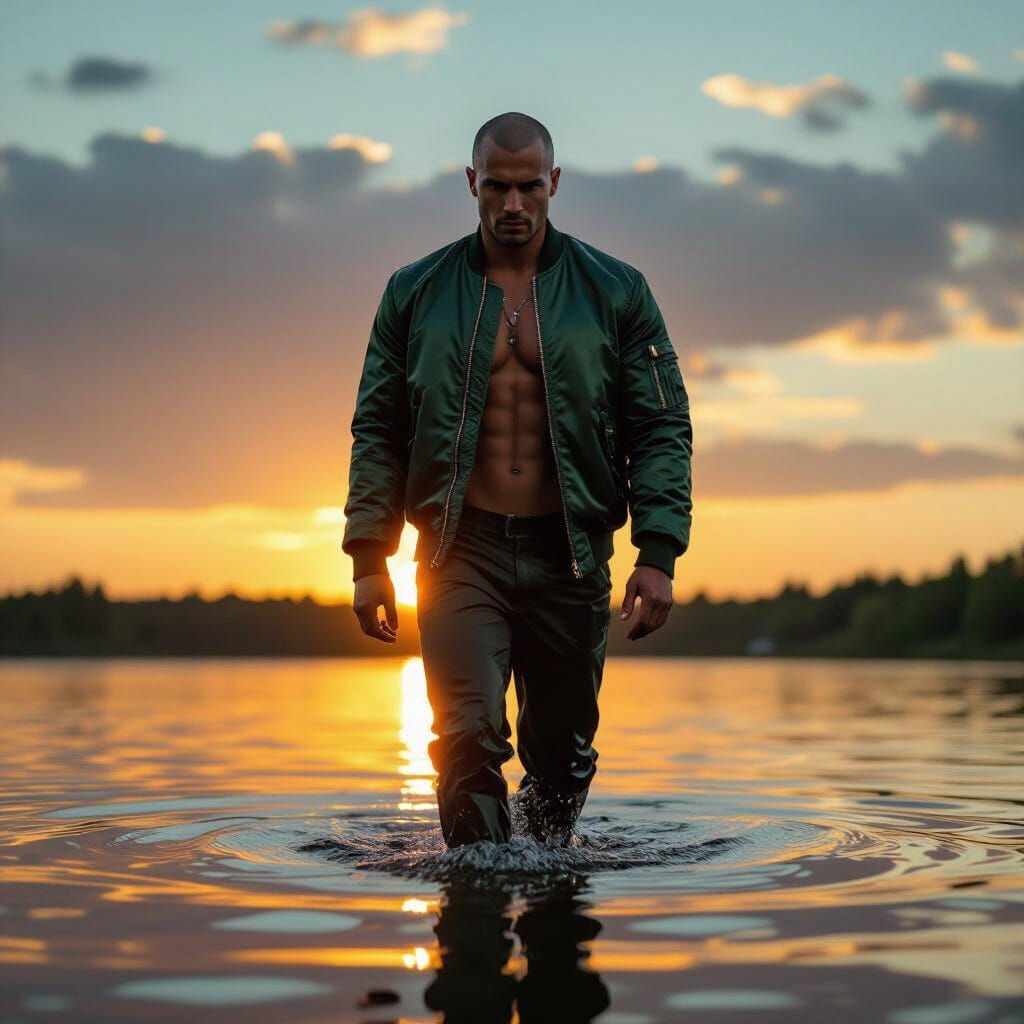 Man in Shiny Bomber Jacket Walks Into Sunset Lake