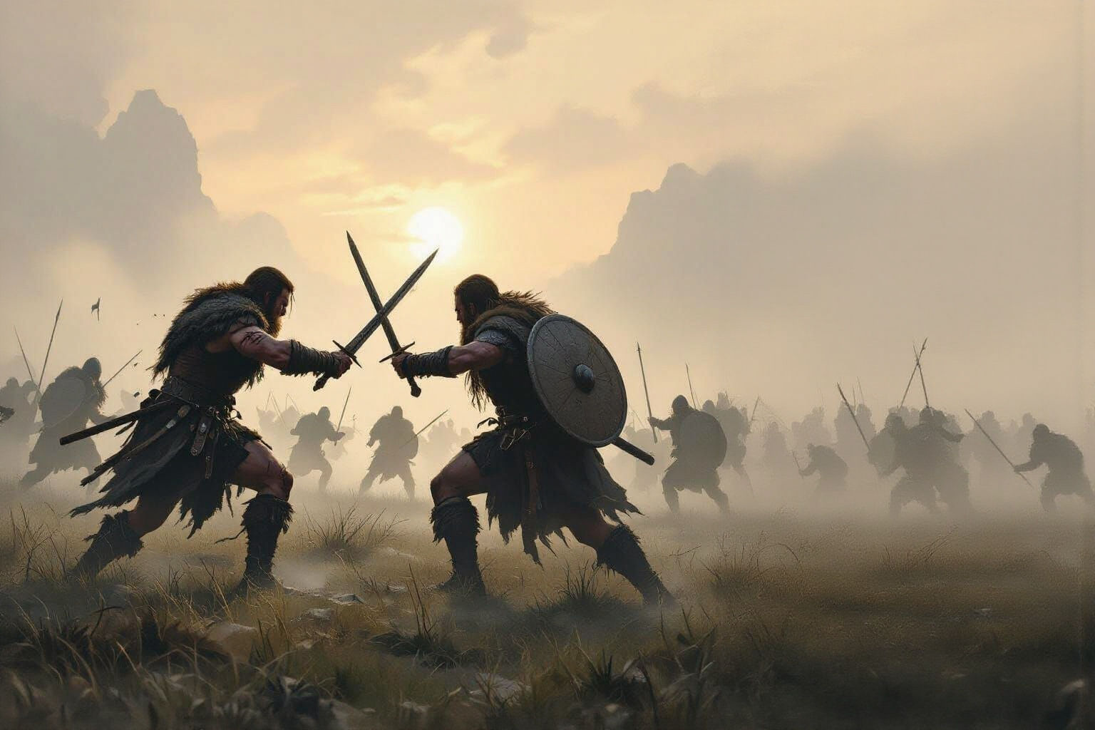 Anglo-Saxon and Viking Warriors Battle at Dawn