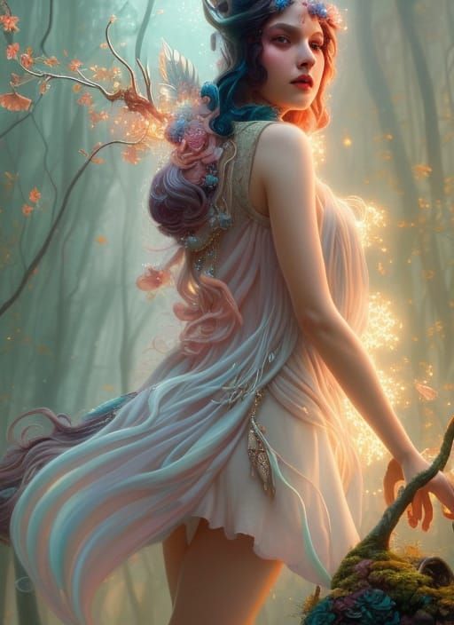 Fairy on Unicorn in Magical Forest Portrait
