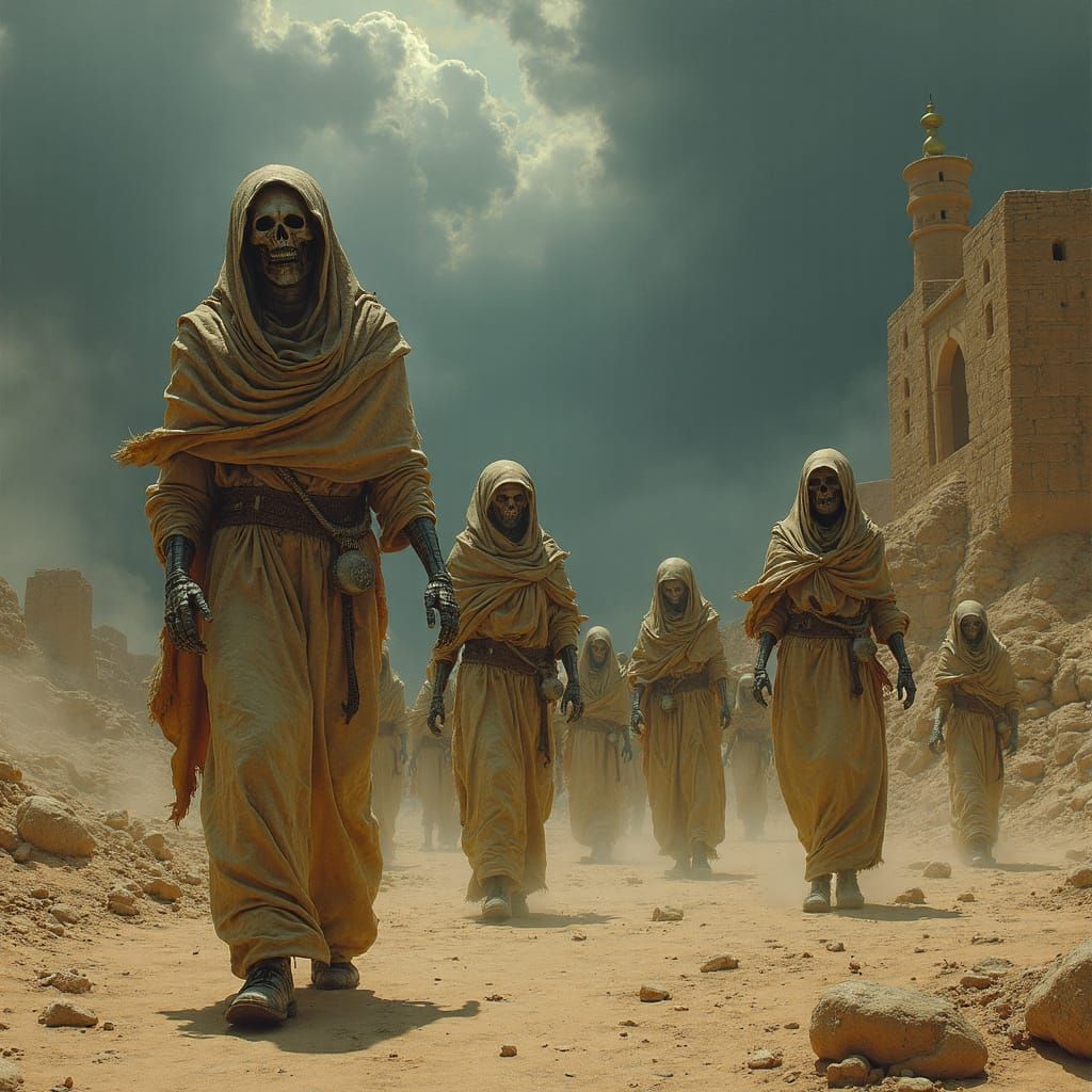 Mummy Army Attacks Desert Village in Dark Surreal Style