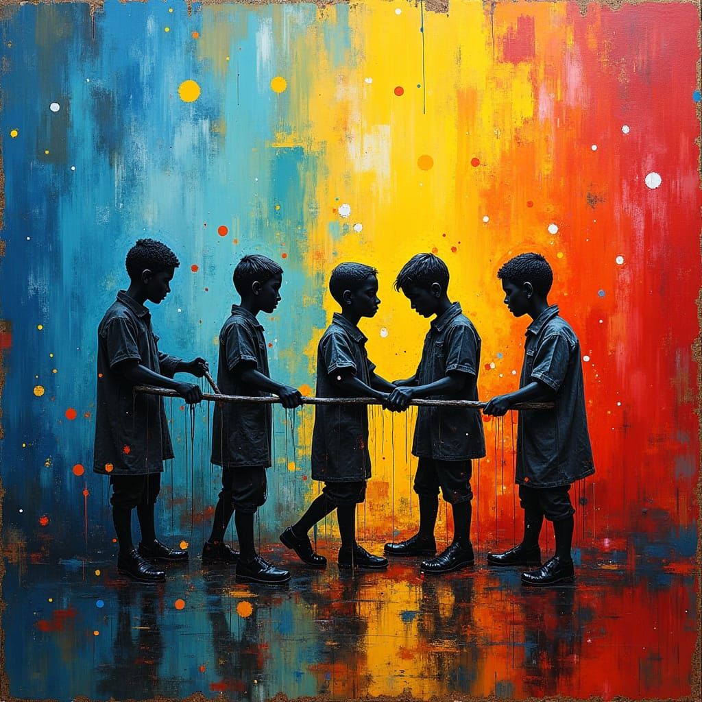 Child Factory Workers: Abstract Expressionist Morning Scene