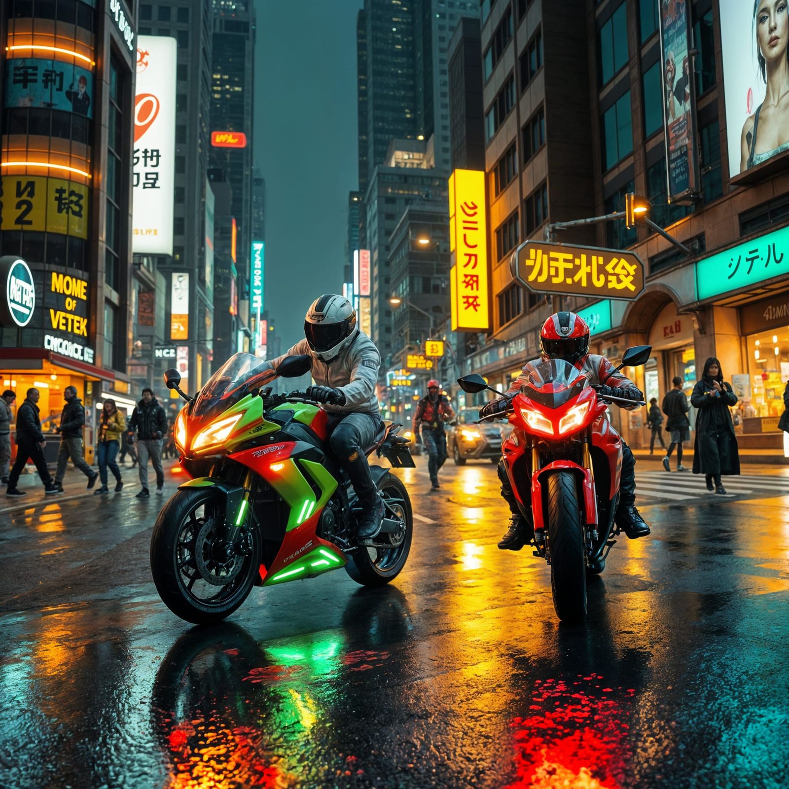 Neon Cyberpunk Riders Speed Through Futuristic City Streets