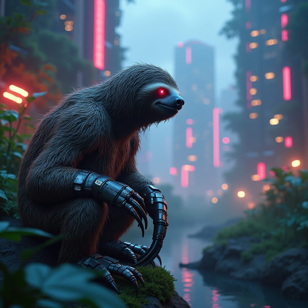 Cybernetic Sloth Stealth Agent in Neon Cityscape