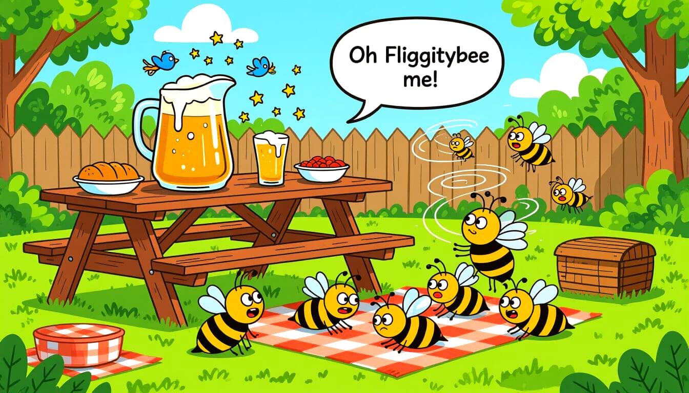 Dizzy Bees at BBQ Picnic Cartoon Scene