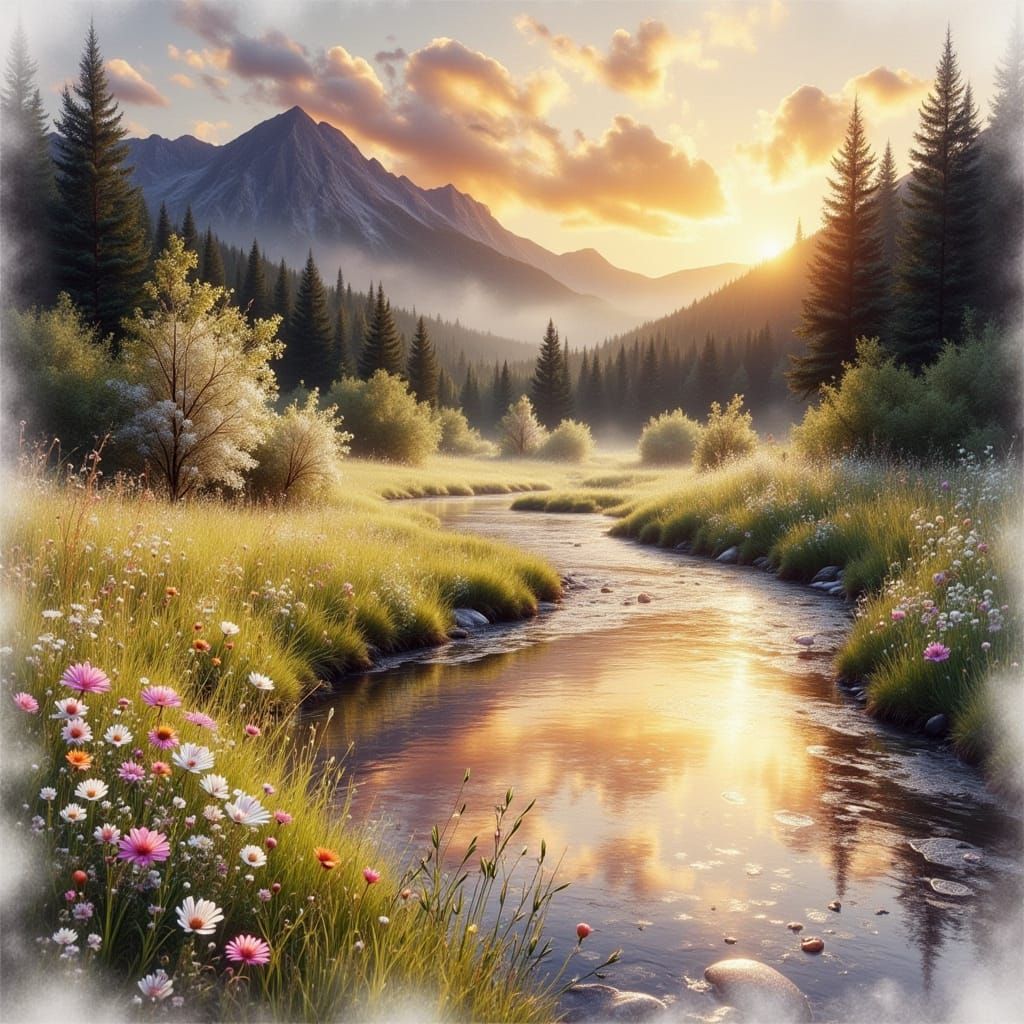 Ethereal Landscape: Winding River, Wildflowers, Golden Hour