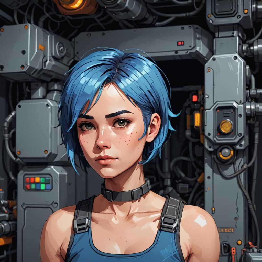 Pixel Art Sci-Fi Starship Mechanic Performing Repairs