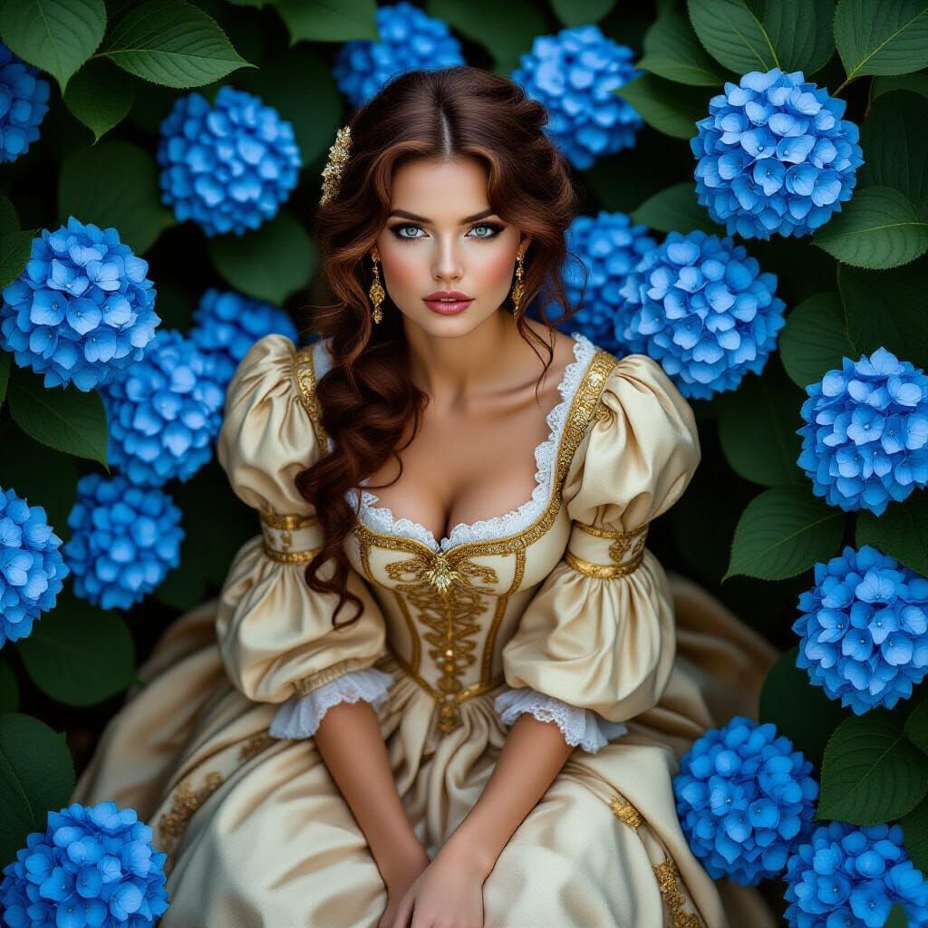 Woman in Baroque Dress Among Blue Hydrangeas