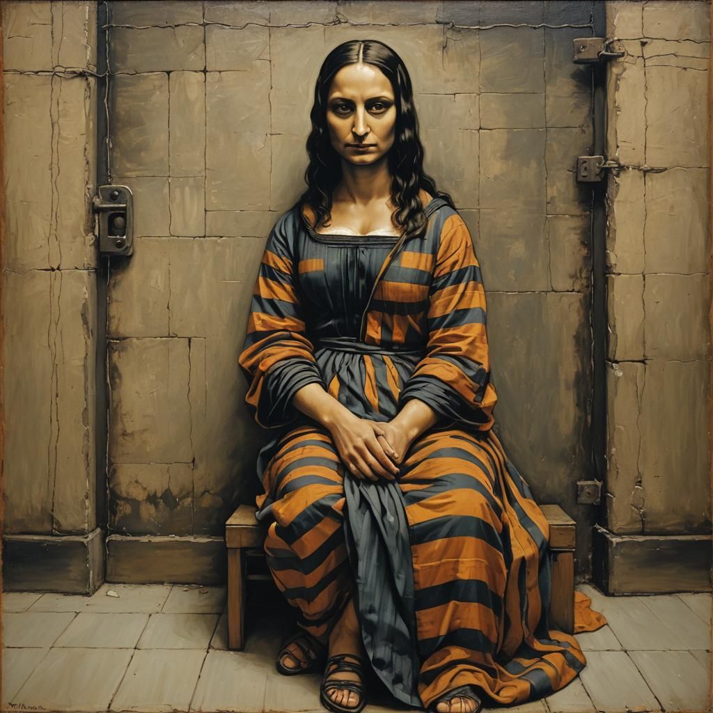 Mona Lisa in Prison Stripes: Oil Painting