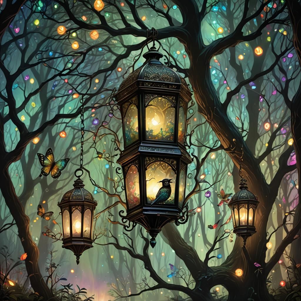 Magical Rainbow Forest Lantern in Whimsical Style