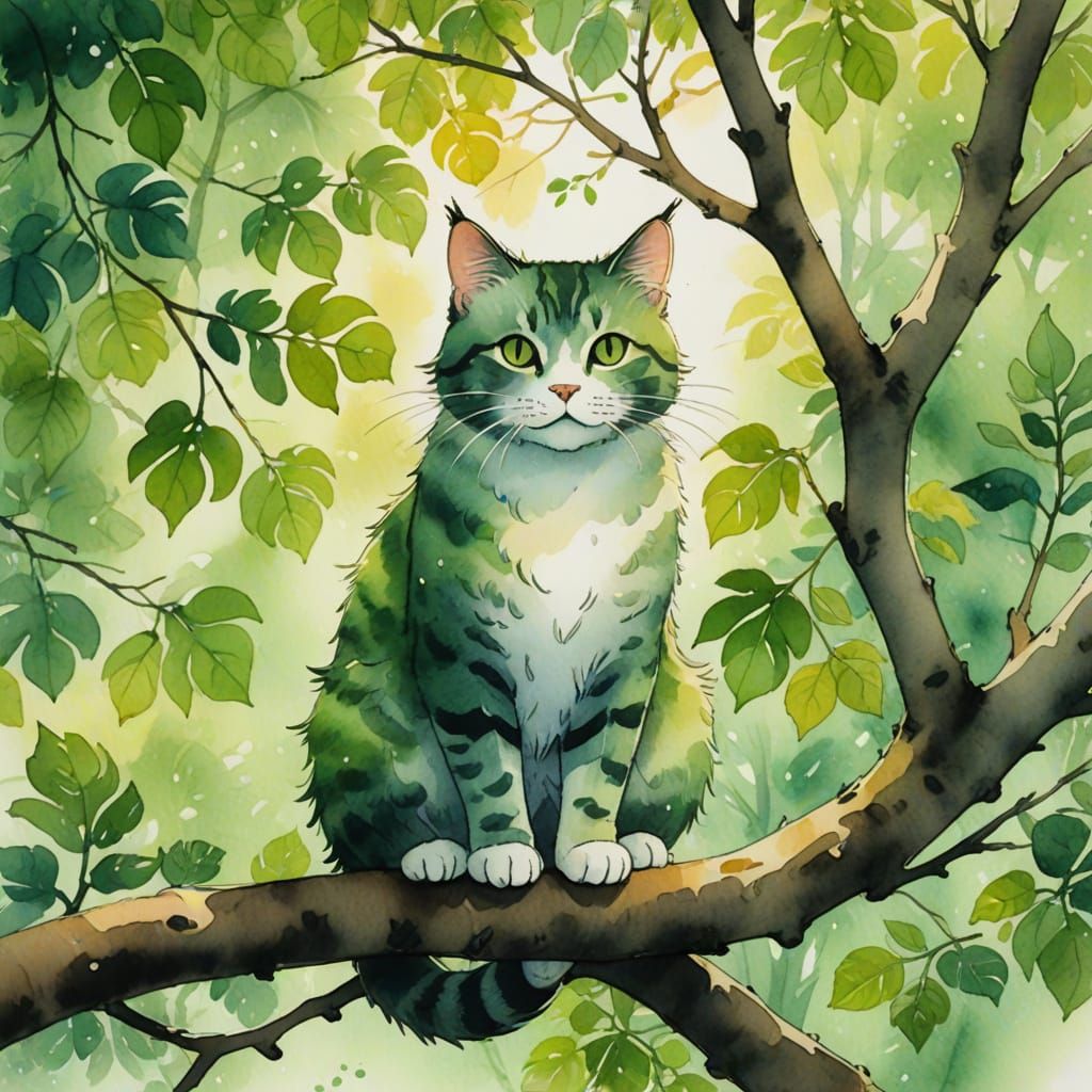 Whimsical Ghibli Cat in Watercolor Style