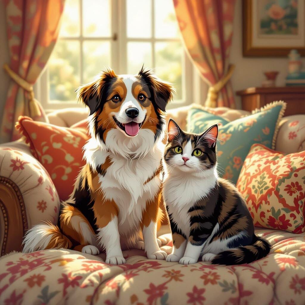 Dog and Cat in Cozy Living Room, Whimsical Style