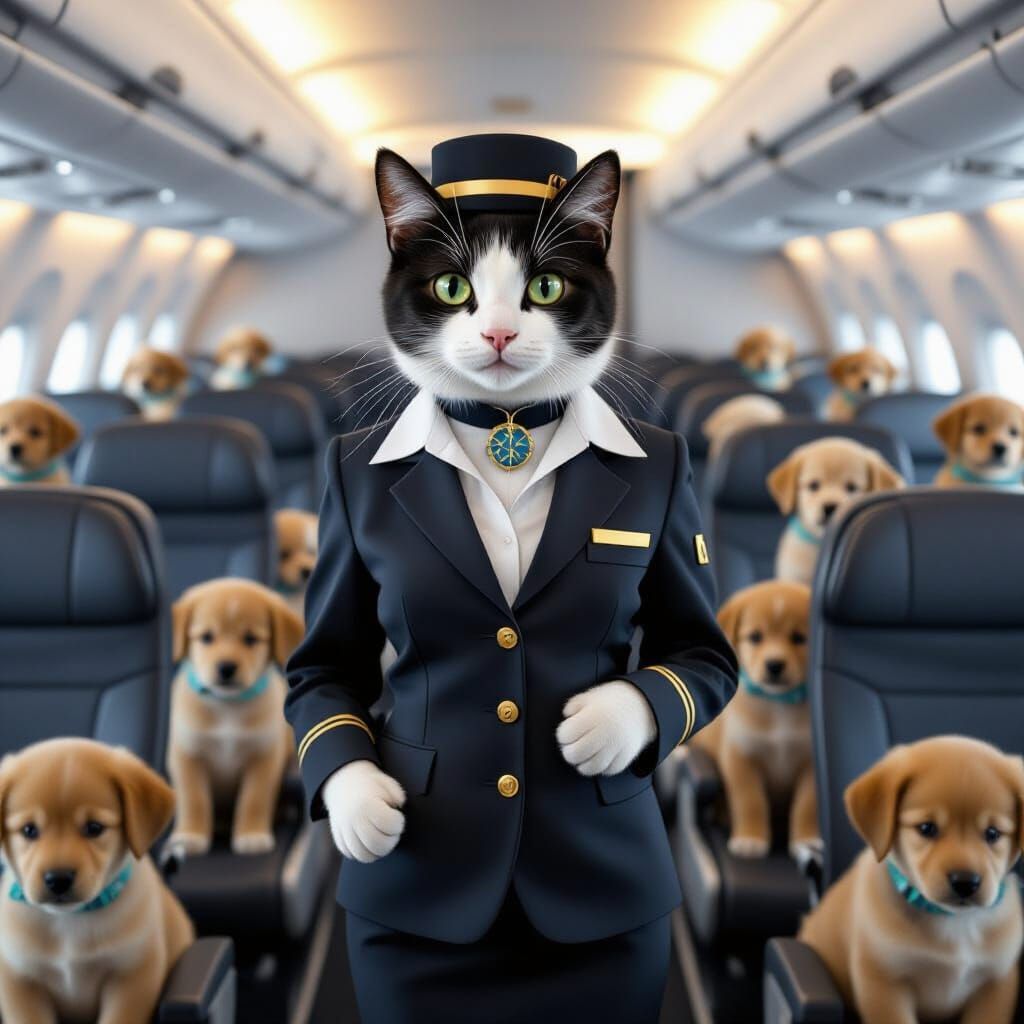 Cat Flight Attendant on Puppy-Filled Plane