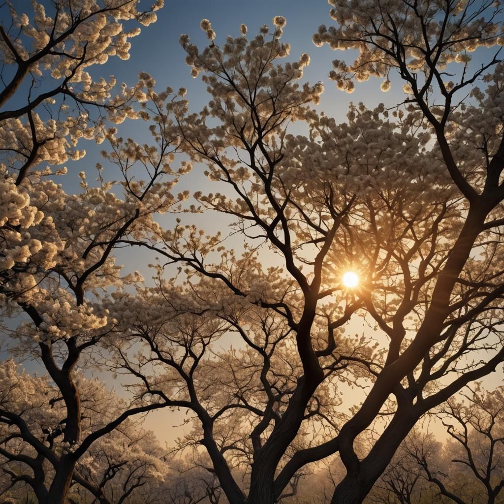 Hyperrealistic Sunrise Scene with Flowering Trees