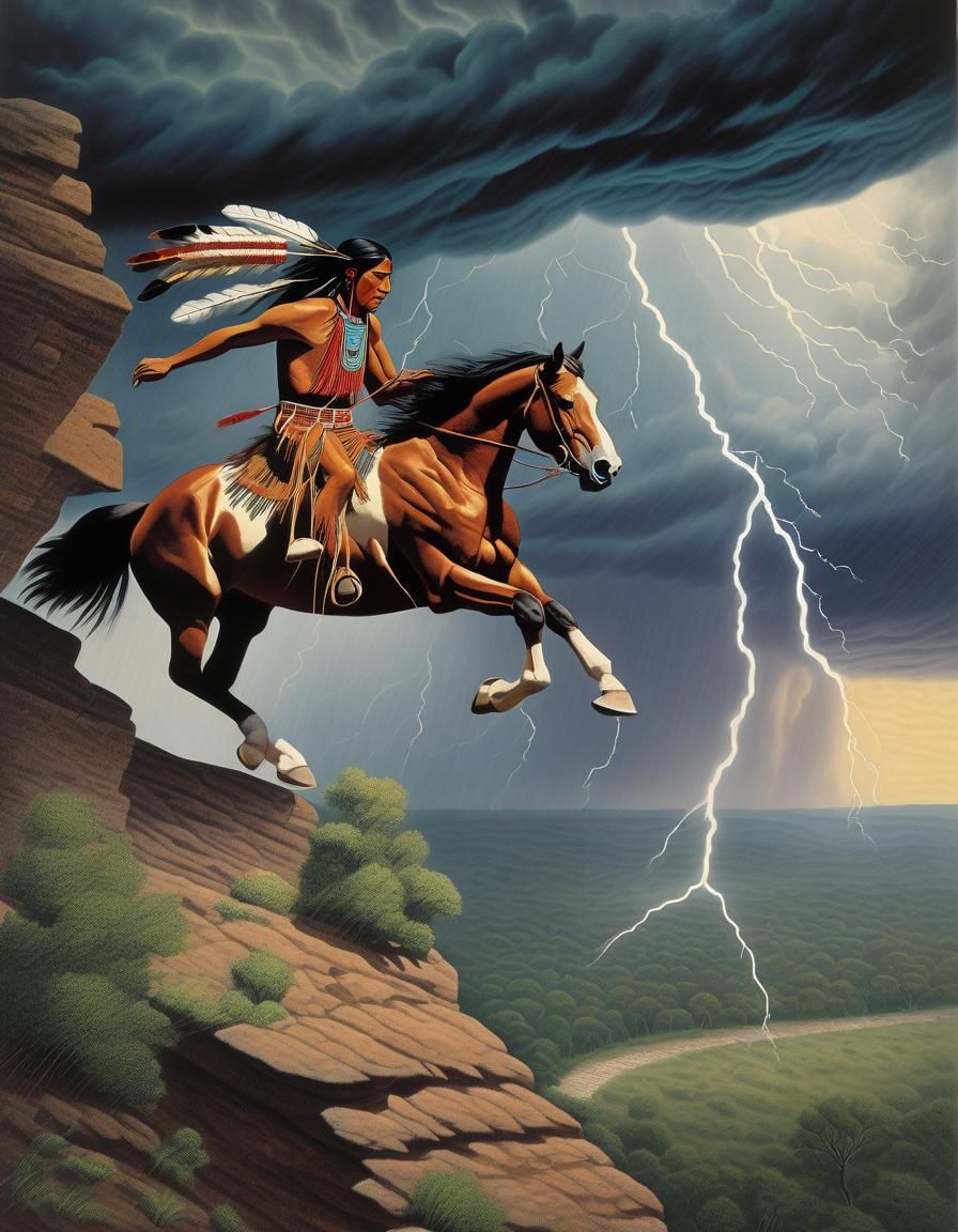 Native American Warrior's Cliffside Ride in Thunderstorm