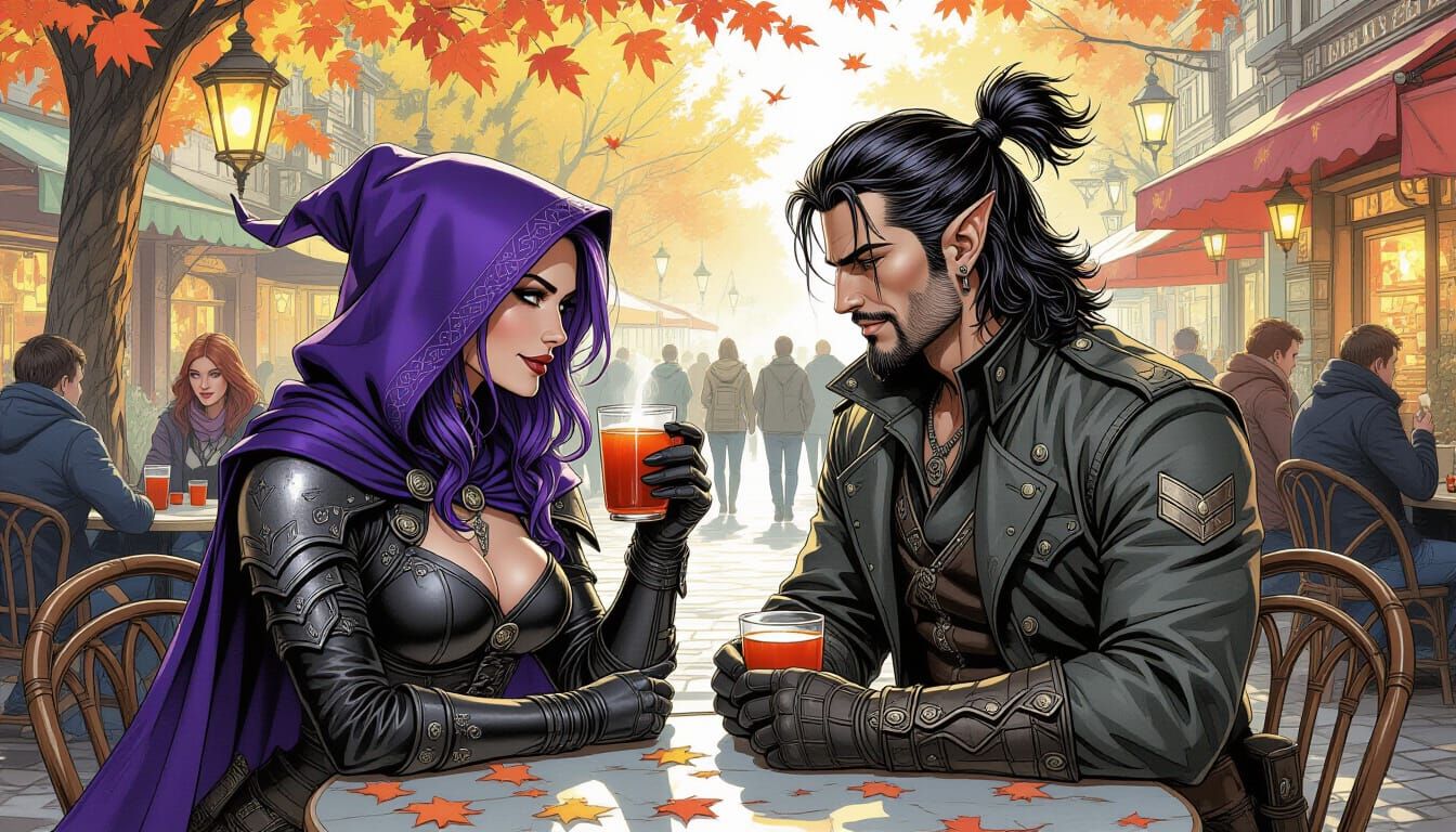 Elven Rogues Share Cider in Pen and Ink Style