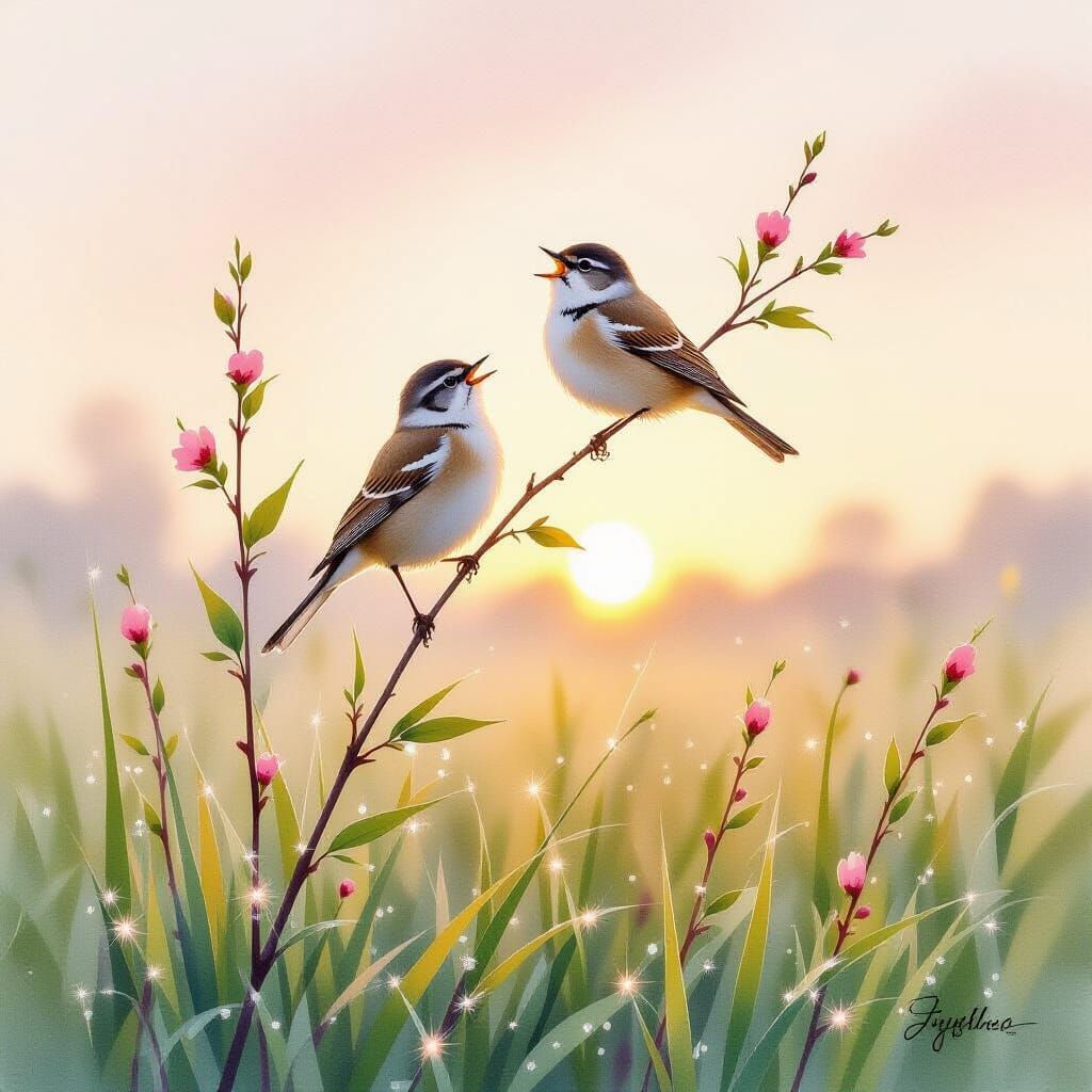 Lark Singing at Dawn in Watercolor Style