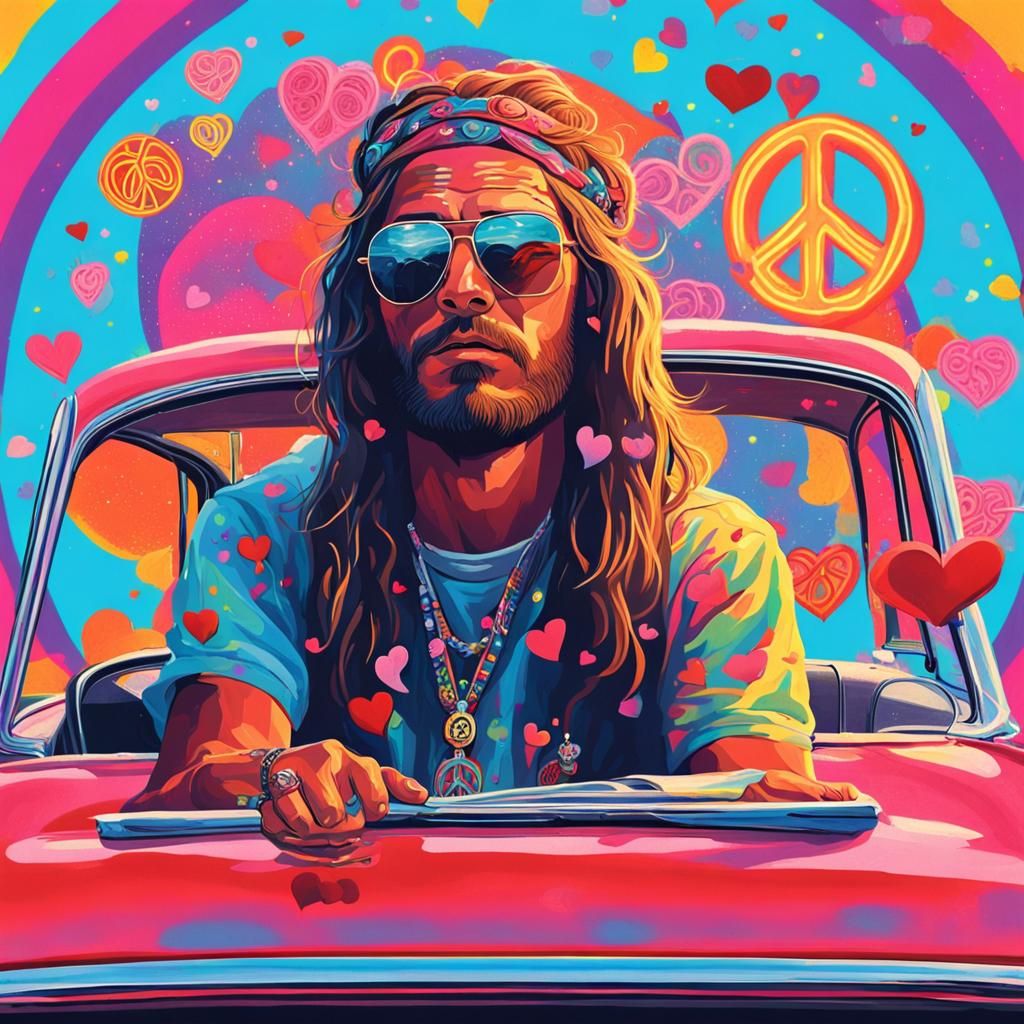 Hippie During Summer of Love in Hyperrealistic Splash Art
