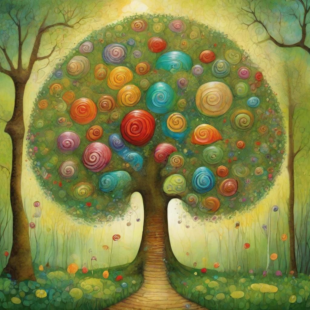 Surreal Tree of Snails in Lush Forest