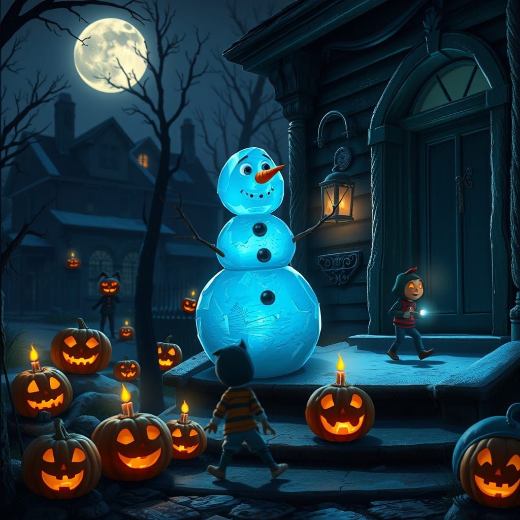 Lonely Snowman Watches Halloween Trick-or-Treaters in a Spoo...