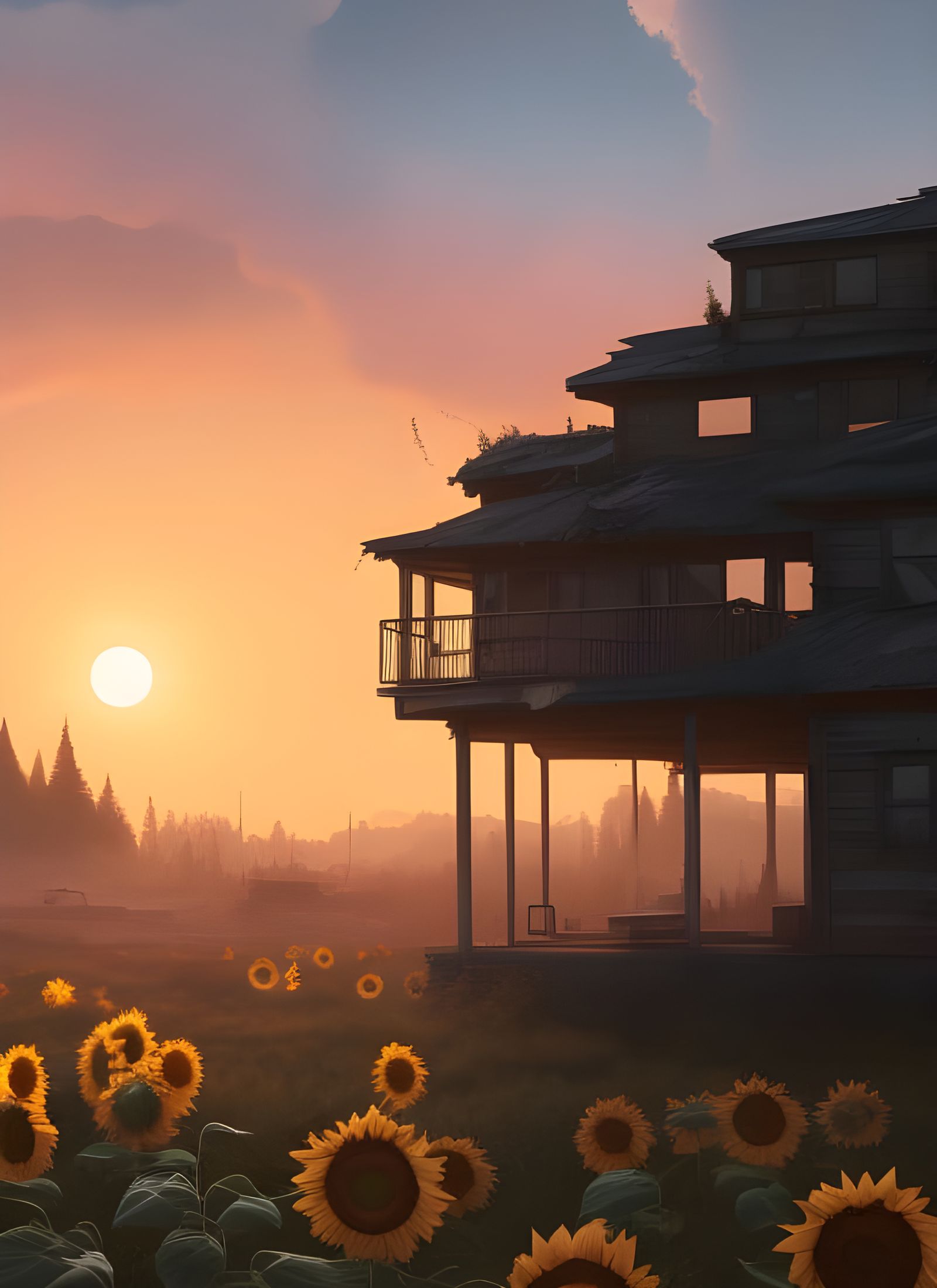 Post-Apocalyptic World with Sunflowers at Sunset