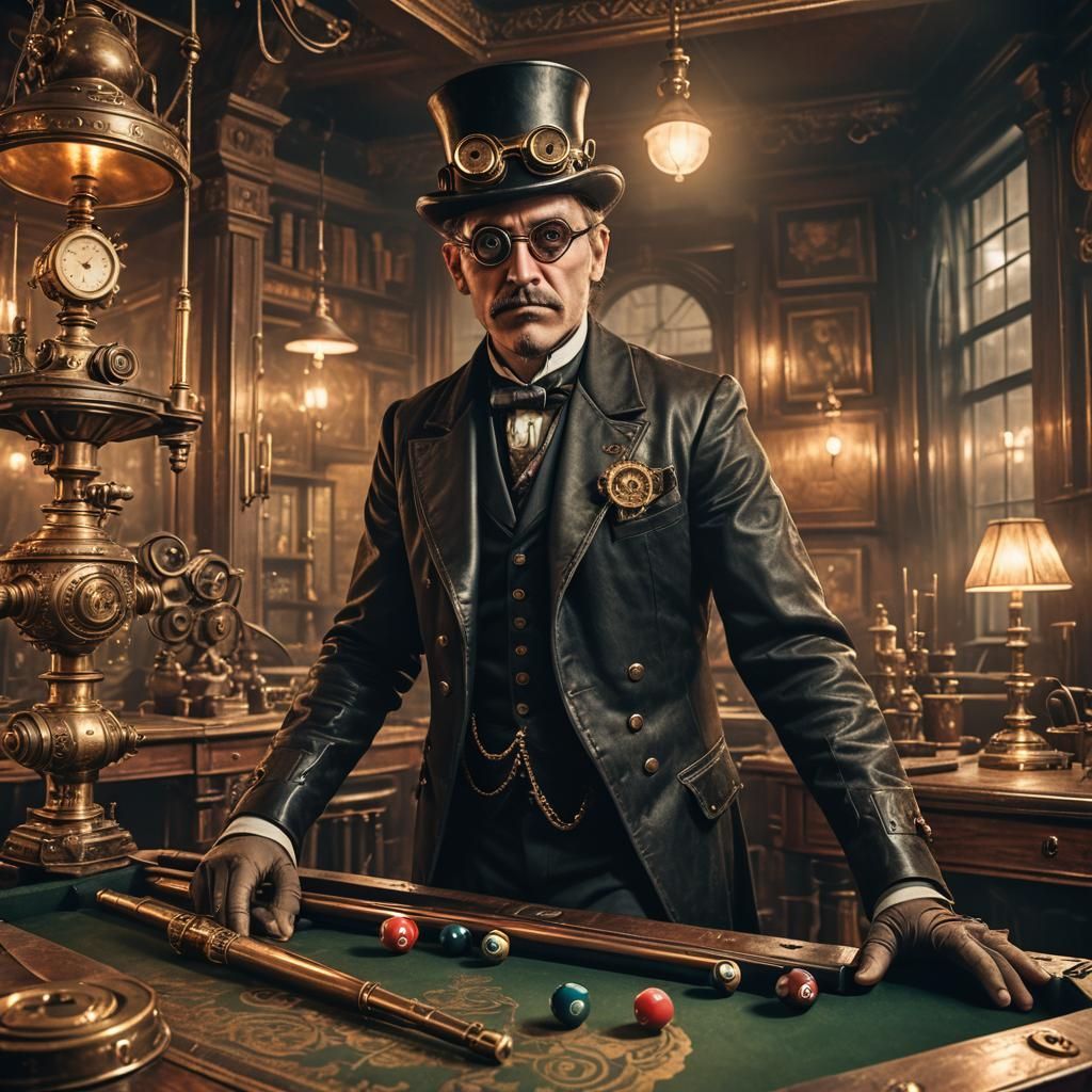 Steampunk King Plays Billiards in Victorian City
