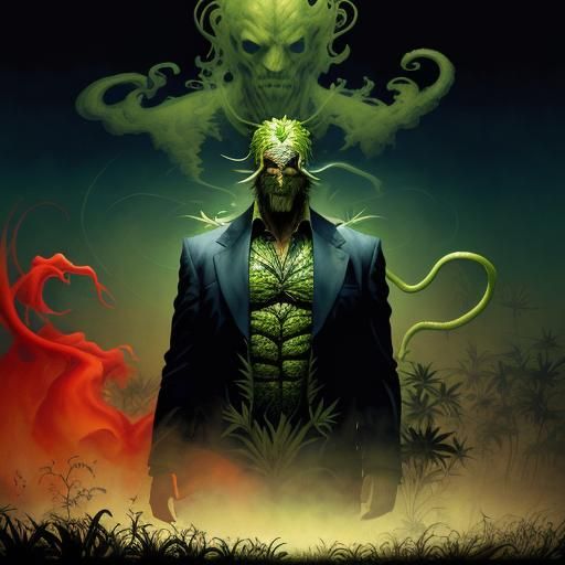 smoke man made of weed plants fly proboscis face saint of sinners meets Swamp thing materializing out of a cigarette joh...