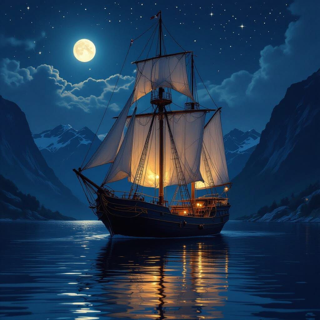 Moonlit Sailing Ship in Fjord, Digital Art