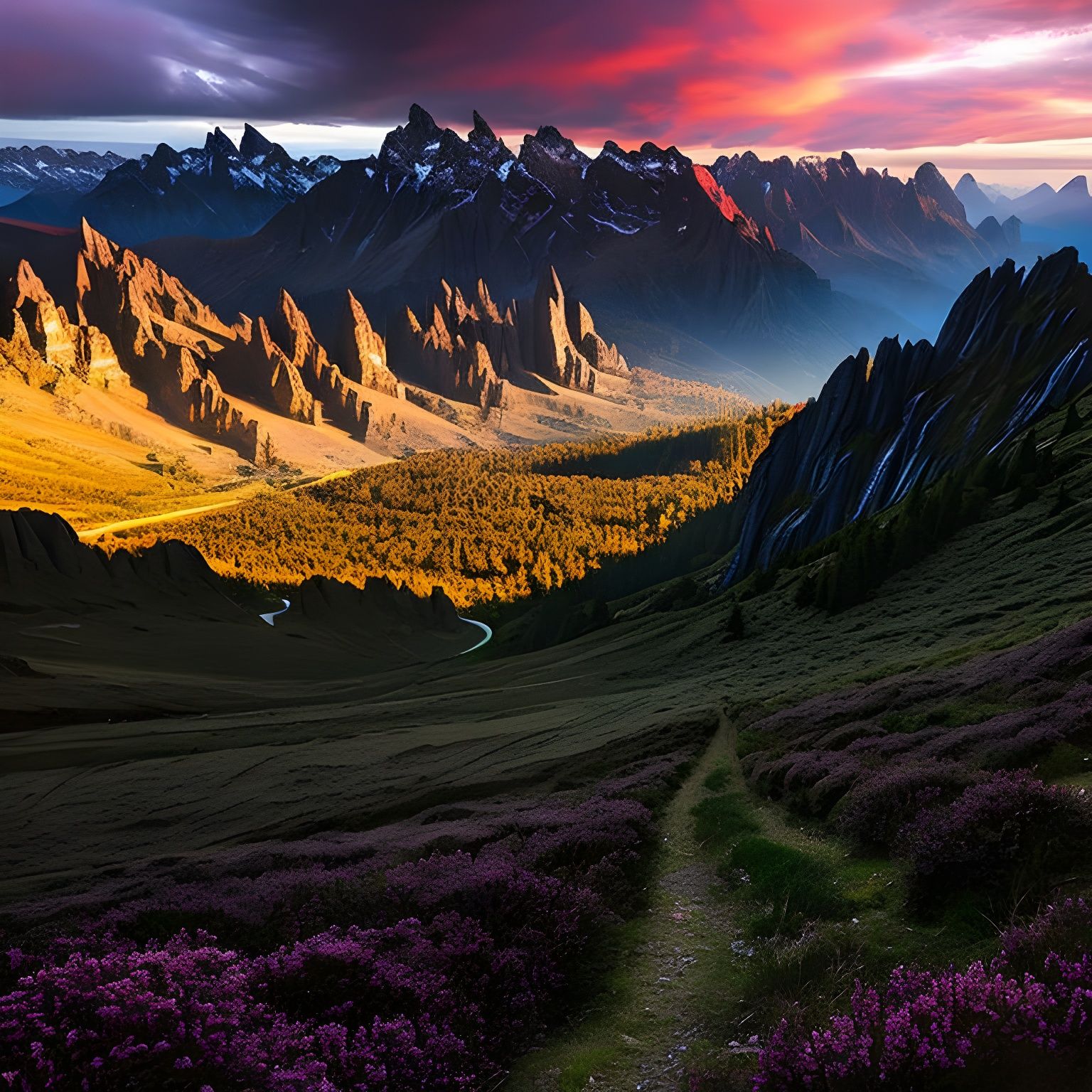 Symmetrical Alps Painting with Volumetric Lighting