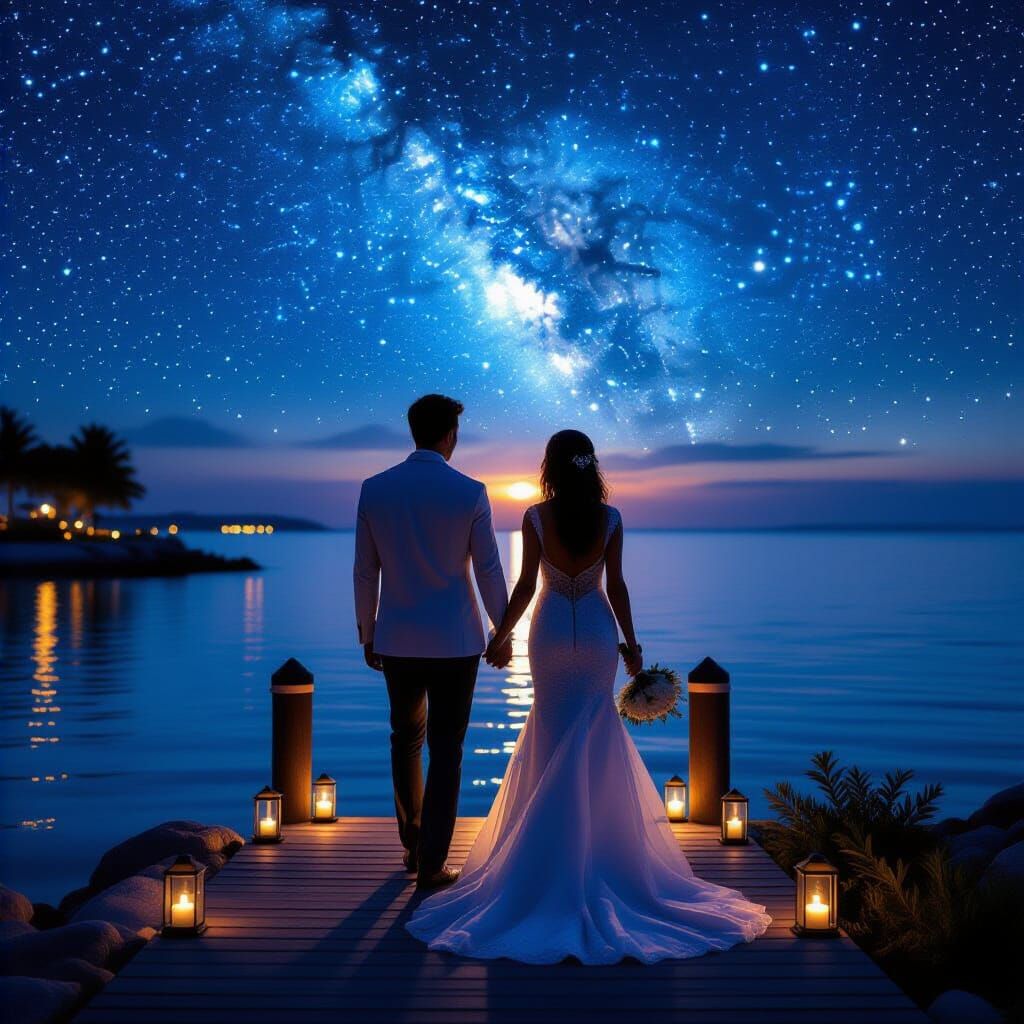 Romantic Couple Descending to Harbor Under Starry Sky