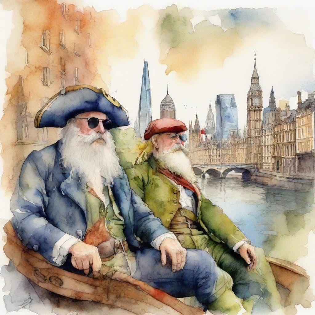 Pirate and Daughter Float Over London in Watercolor